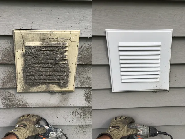 Norco Dryer Vent Cleaning technician installing high-quality dryer vent cover at a residential property in Norco